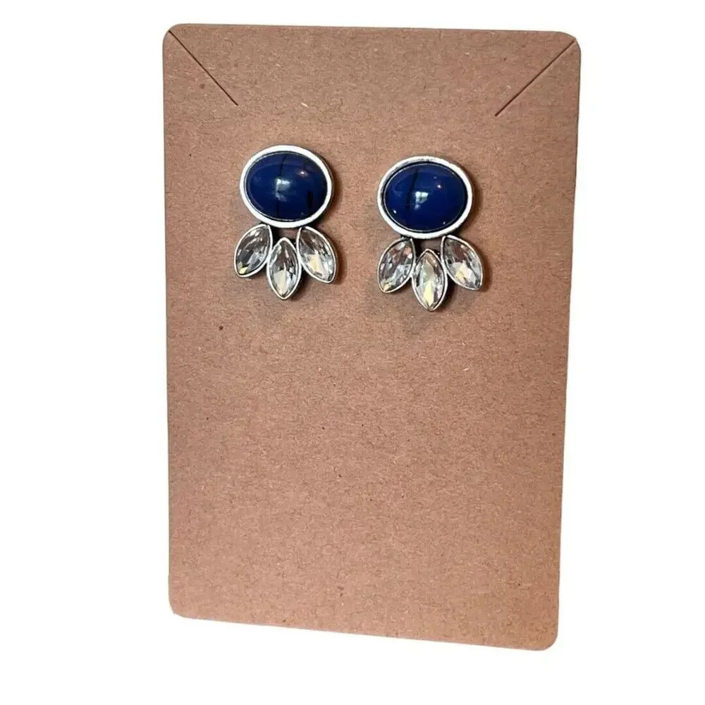 Blue Ink Acrylic Bead Rhinestone Post Earrings Silvertone .75